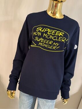 Moncler Navy Crewneck Sweatshirt with Yellow Graphic size M